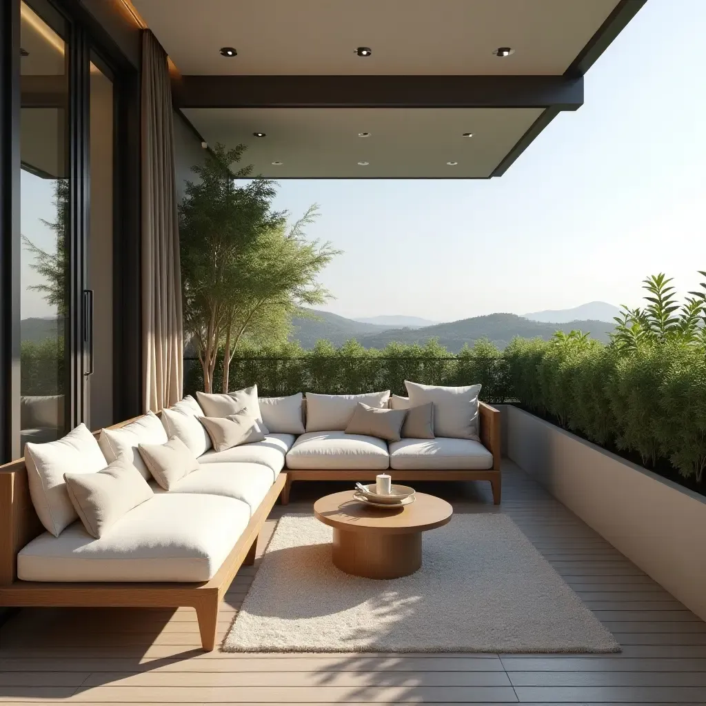 a photo of a luxurious balcony with a stylish outdoor sofa and cushions