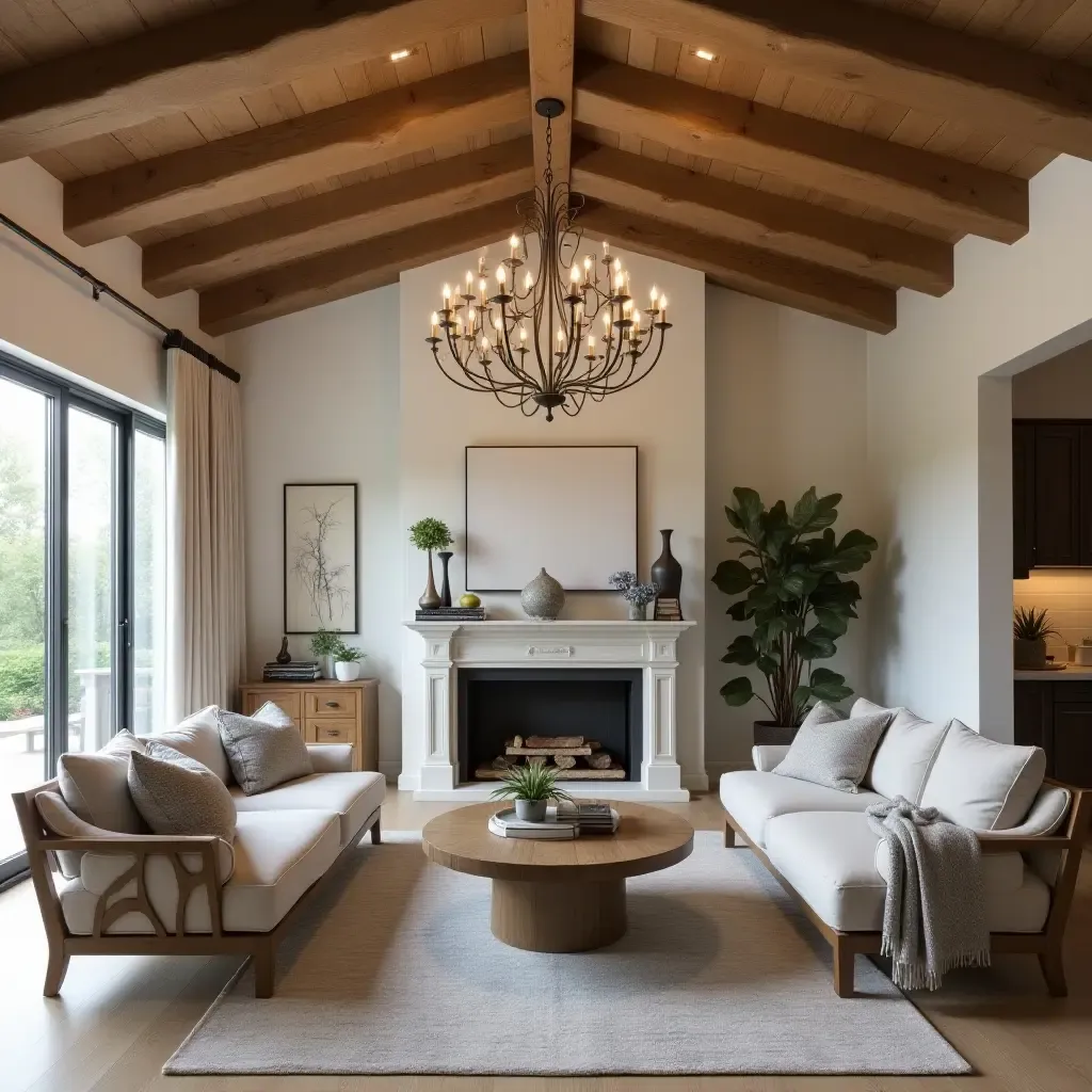 a photo of a living room with wooden beams and a stylish chandelier