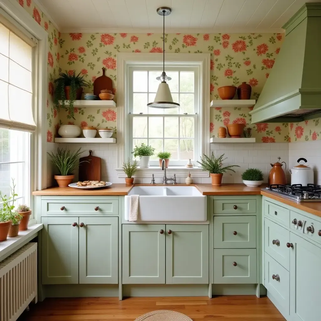 a photo of a cheerful kitchen with floral wallpaper and vintage accents