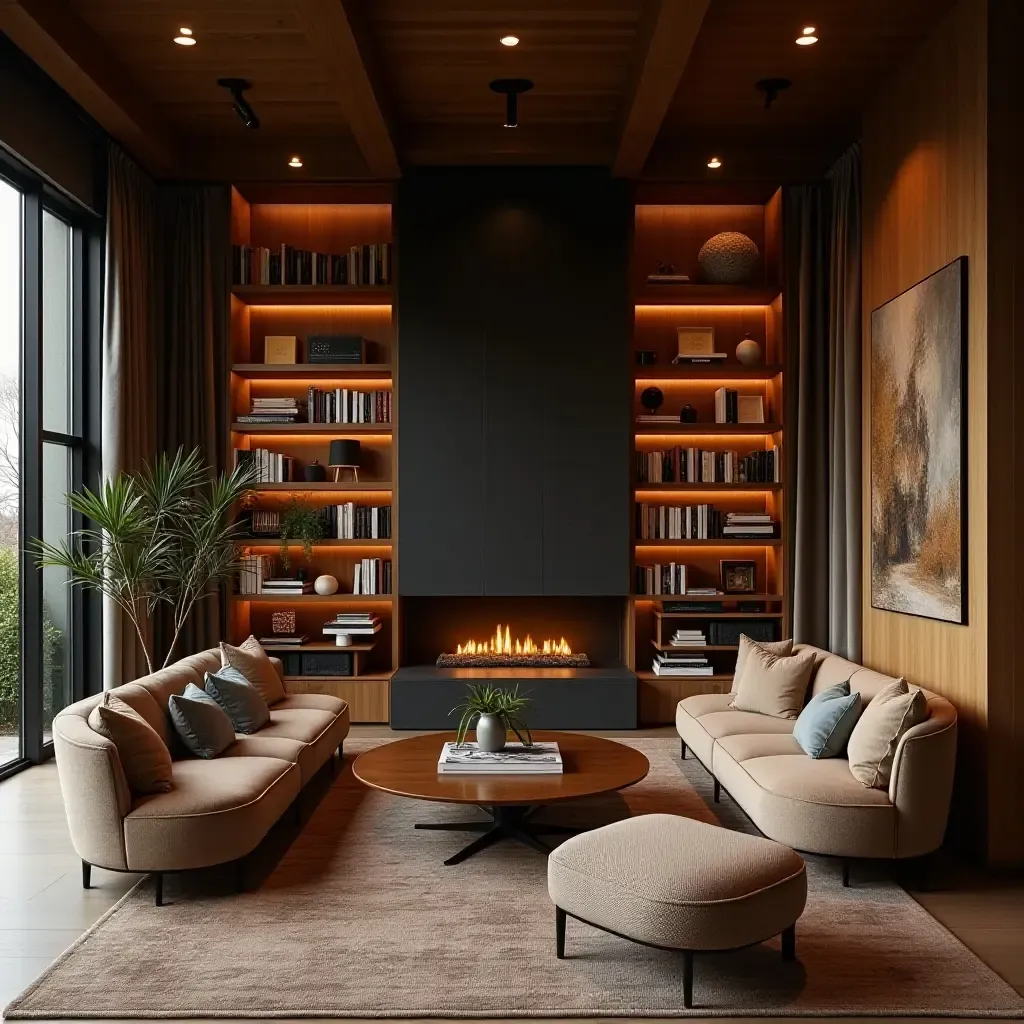 a photo of a home library with warm wood, cool metal, and cozy fabrics