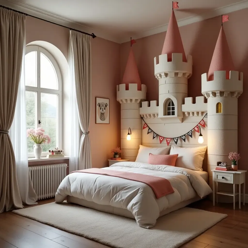 a photo of a fairytale castle-themed bedroom with turrets and banners