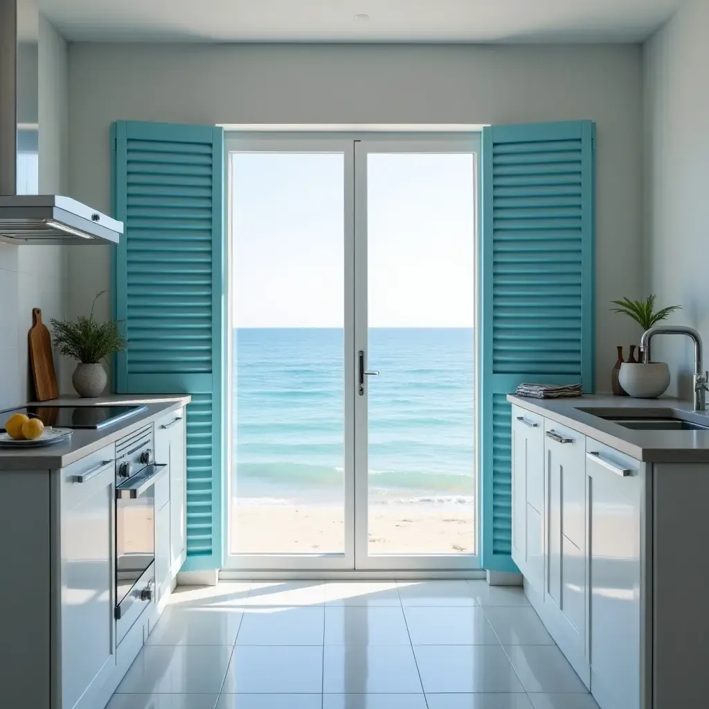 a photo of a kitchen with blue shutters and a sea view