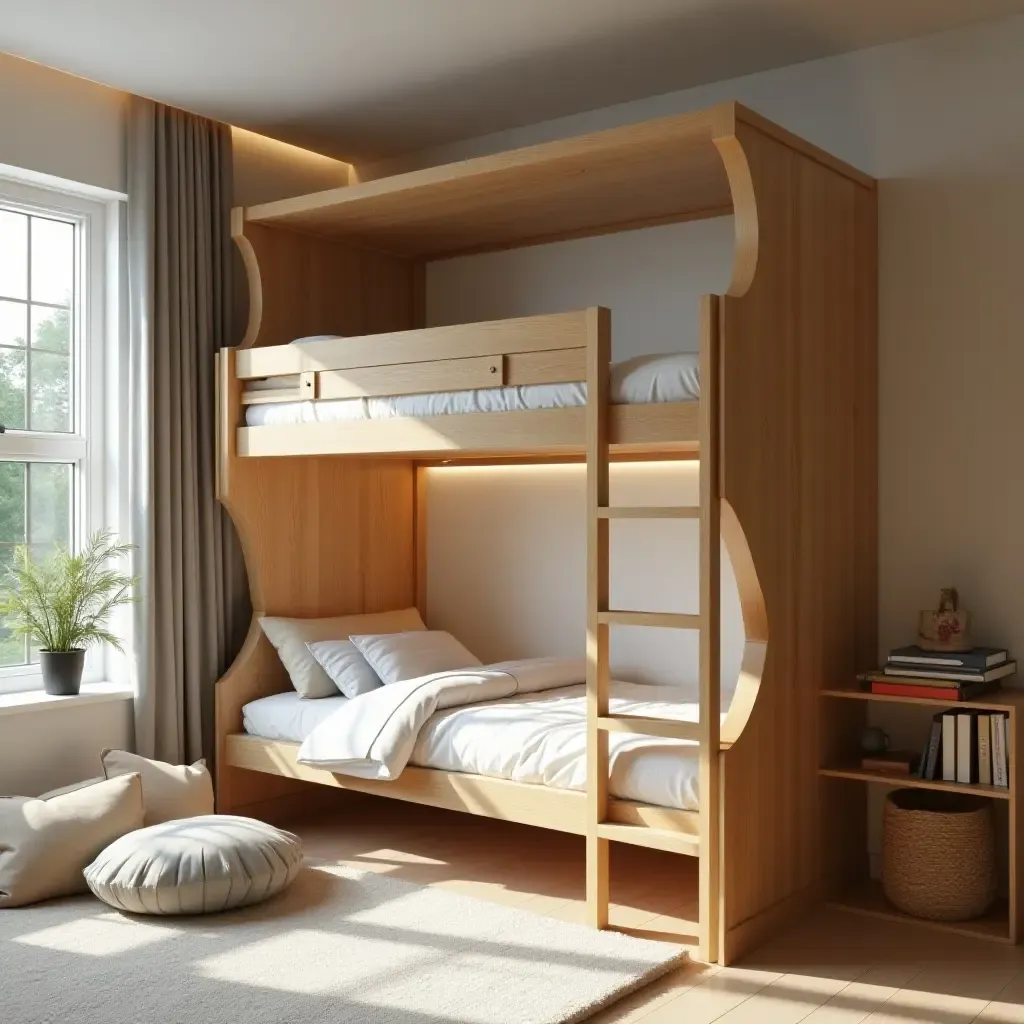 a photo of a modern wooden bunk bed with a cozy reading nook