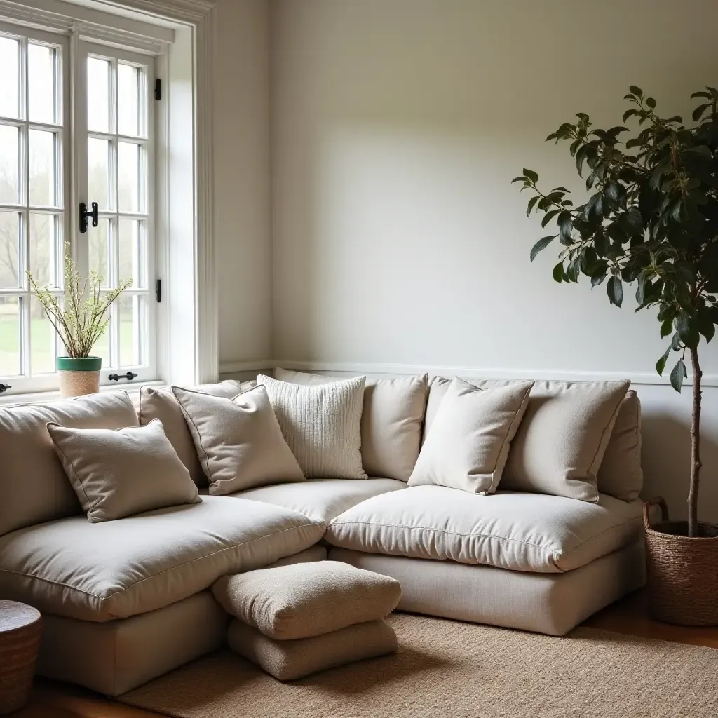 a photo of a cozy nook with oversized cushions and a farmhouse vibe