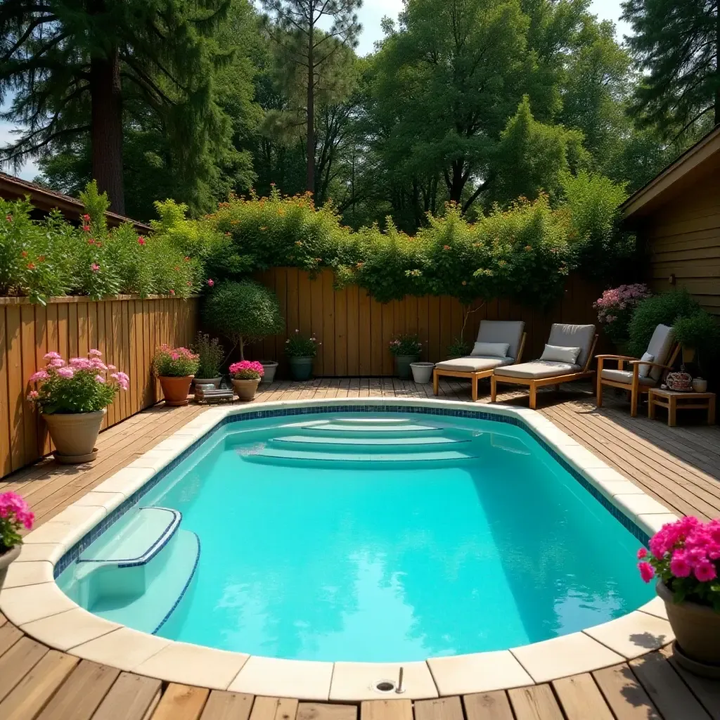 a photo of a charming wooden deck with potted flowers around the pool