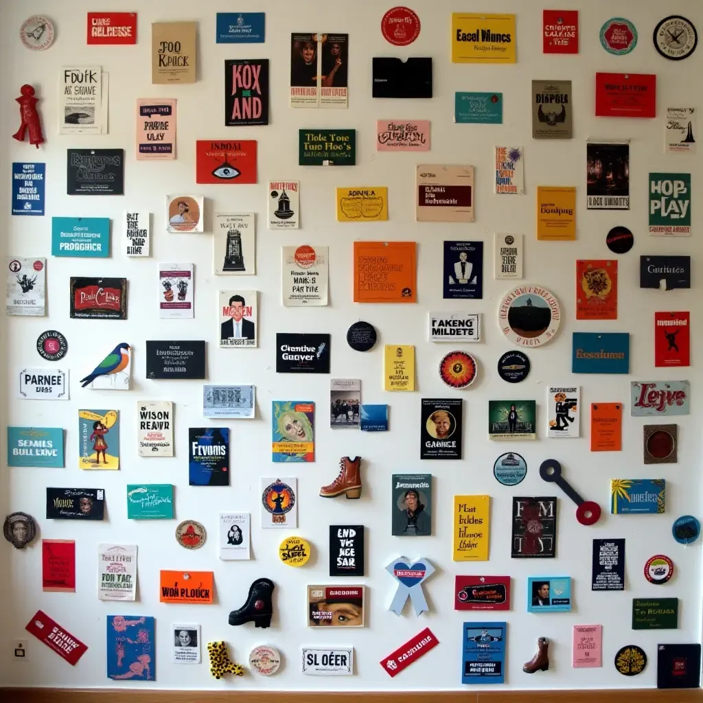 a photo of a wall covered in colorful literary-themed stickers