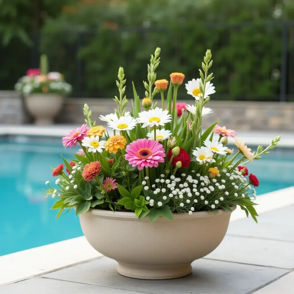 a photo of DIY flower arrangements in poolside planters