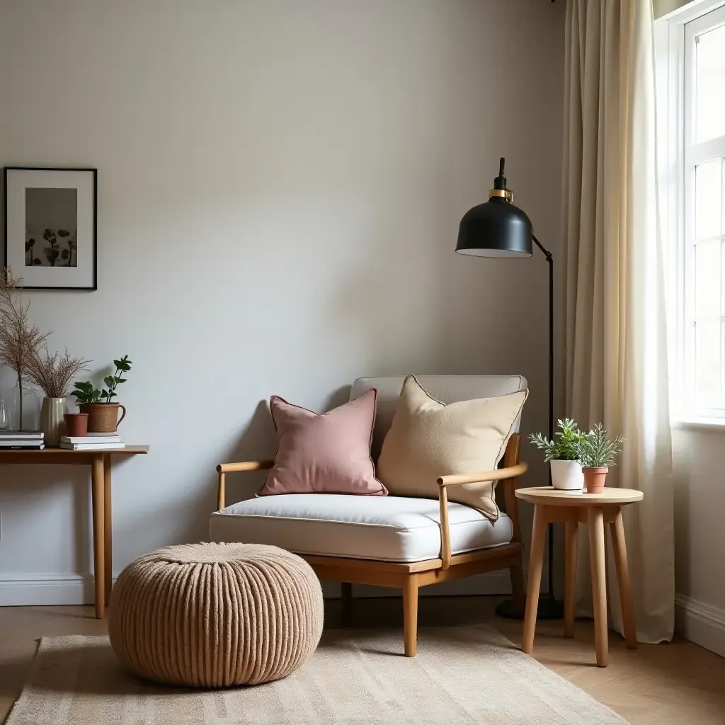 a photo of a reading nook with a stylish pouf and a side table