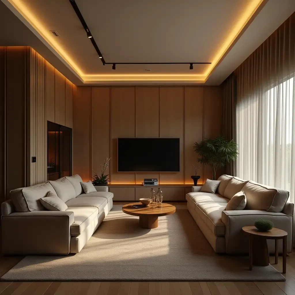 a photo of a small living room with layered lighting solutions