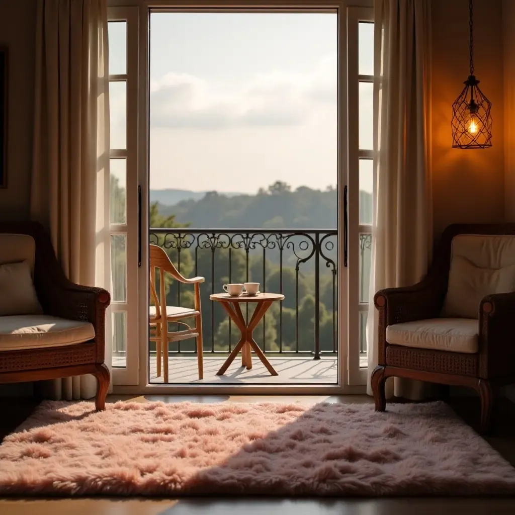 a photo of a soft, plush rug on a romantic balcony for two