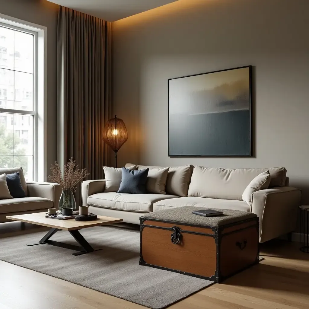 a photo of a contemporary living room with a stylish trunk for storage