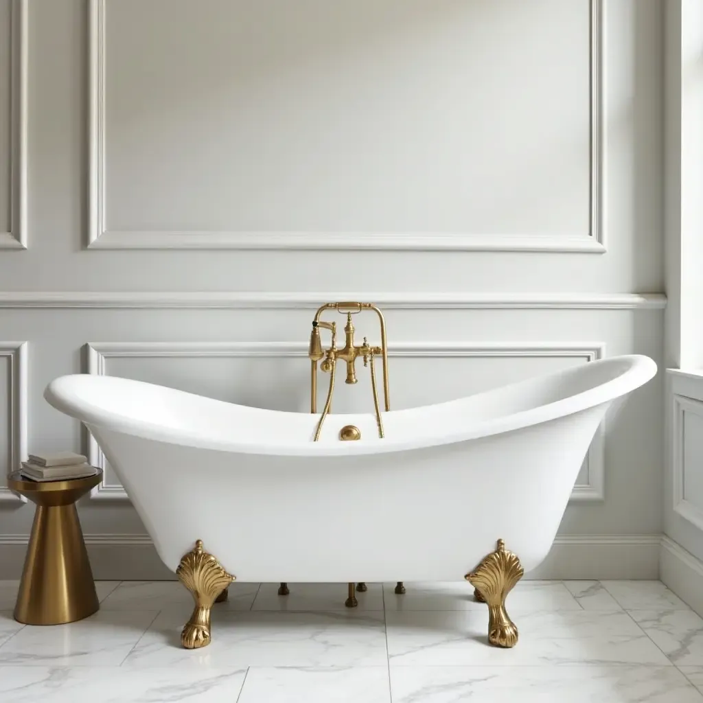 a photo of a freestanding tub with elegant gold fixtures