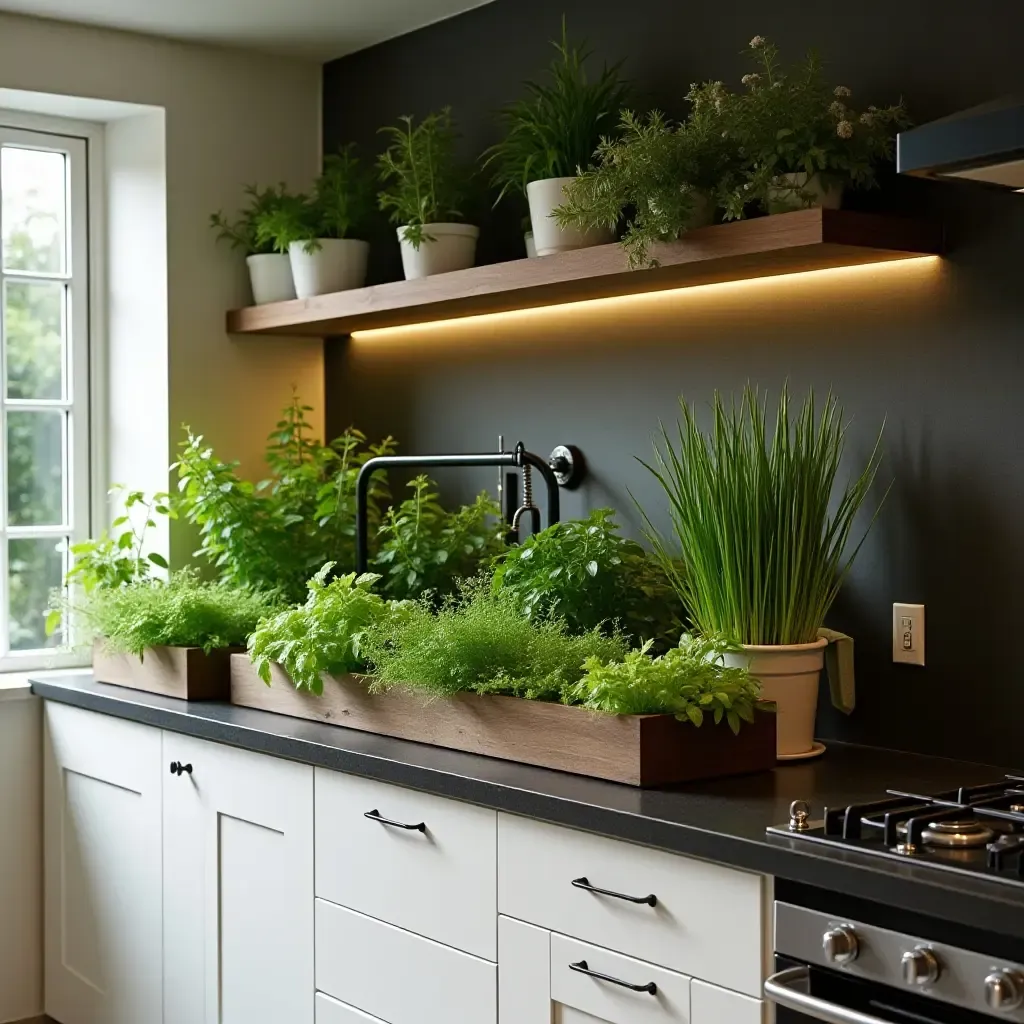 a photo of a kitchen with a stylish herb garden and elegant planters