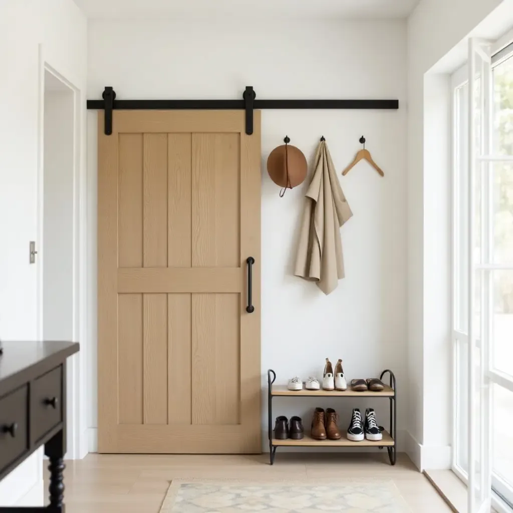 a photo of a functional entry hall with a sliding door shoe rack