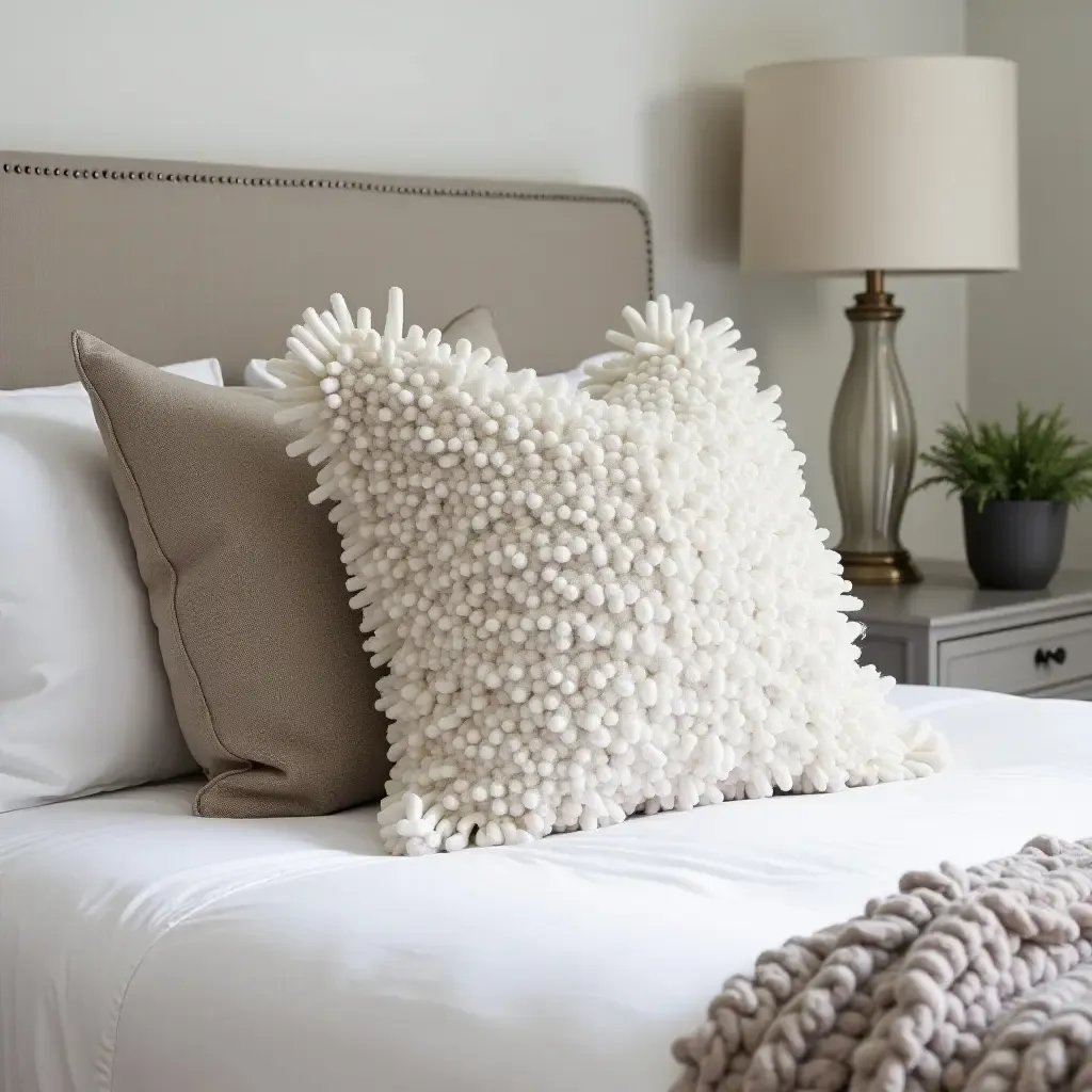 a photo of textured throw pillows adding depth to a bedroom