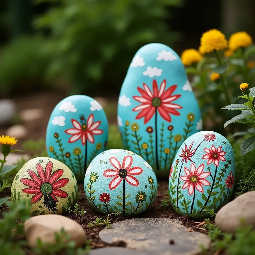 a photo of a painted rock garden for outdoor reading