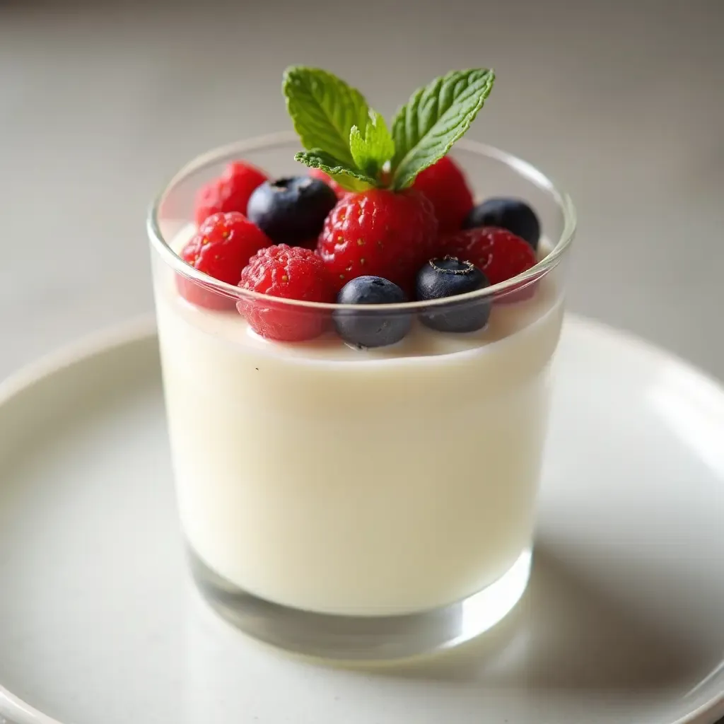 a photo of creamy panna cotta topped with fresh berries and mint, in a glass dessert cup.