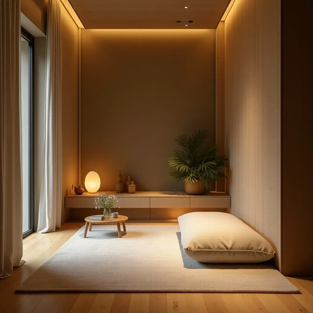 a photo of a basement meditation room with serene decor and adaptable spaces