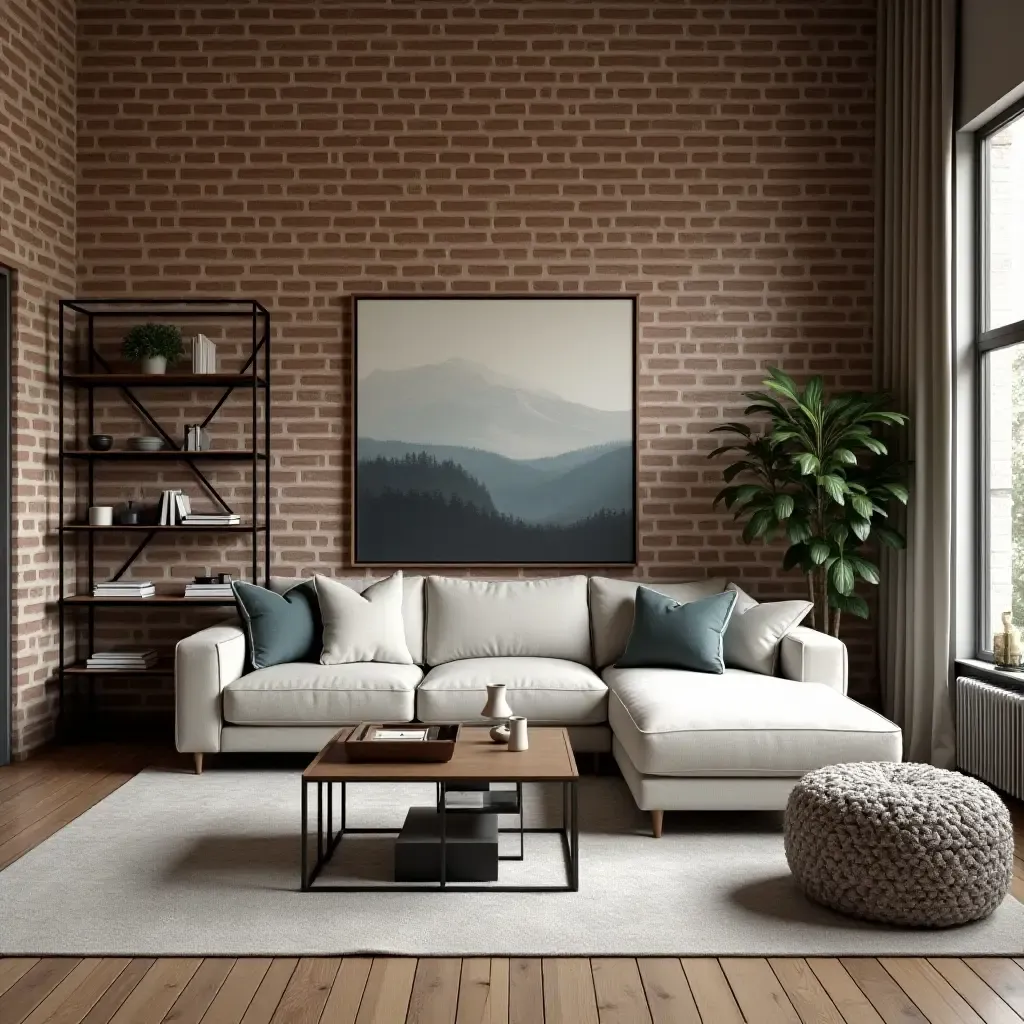 a photo of a living room with exposed brick walls and metal shelving