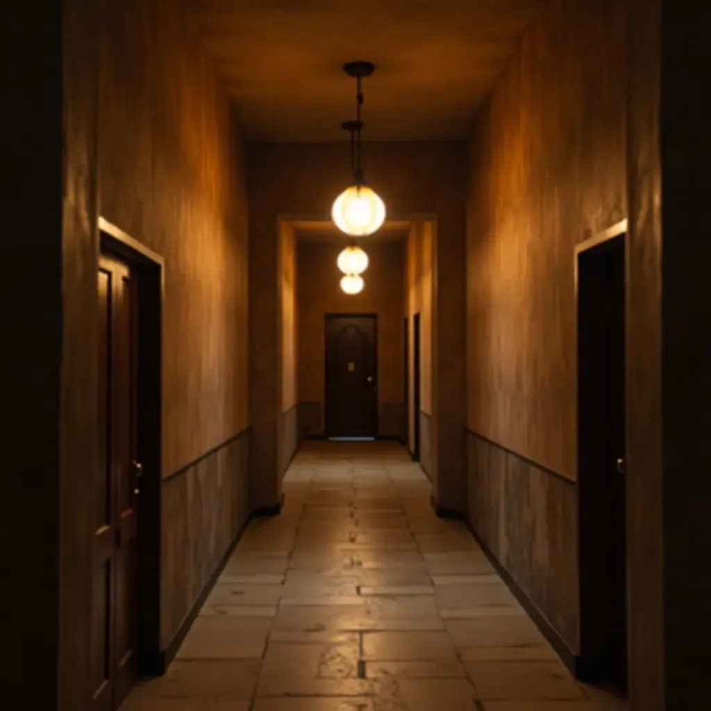 a photo of a cozy corridor illuminated by vintage pendant lighting