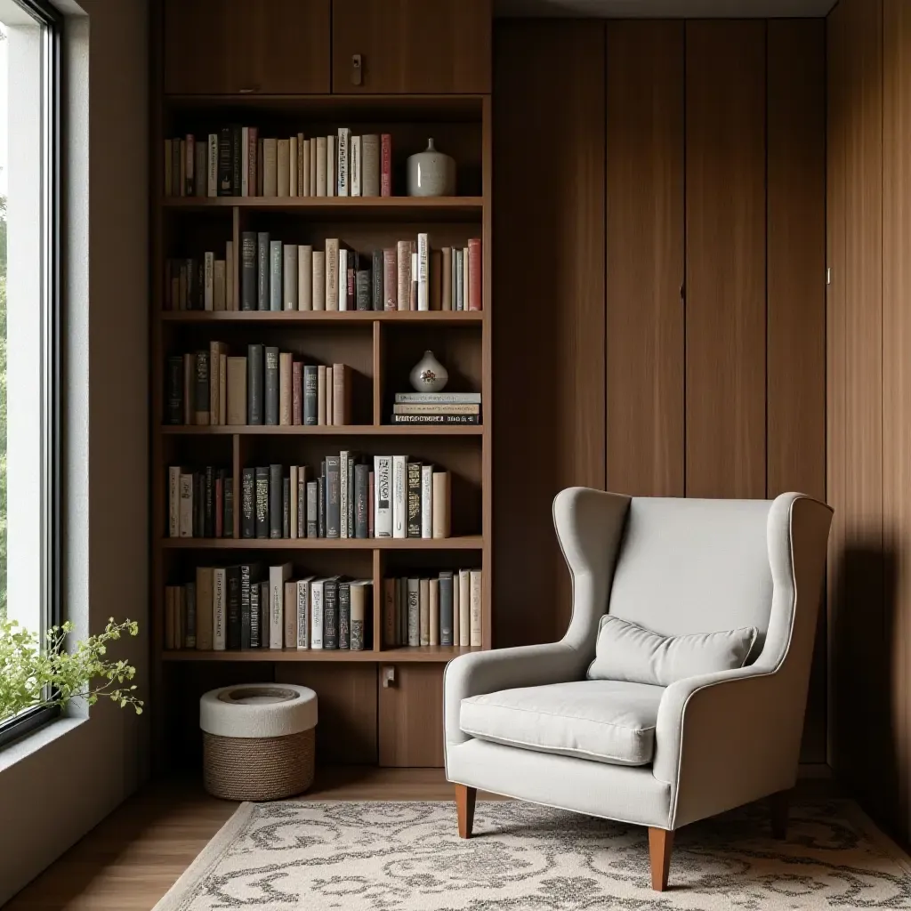 a photo of a reading nook with a decorative bookshelf and a cozy chair