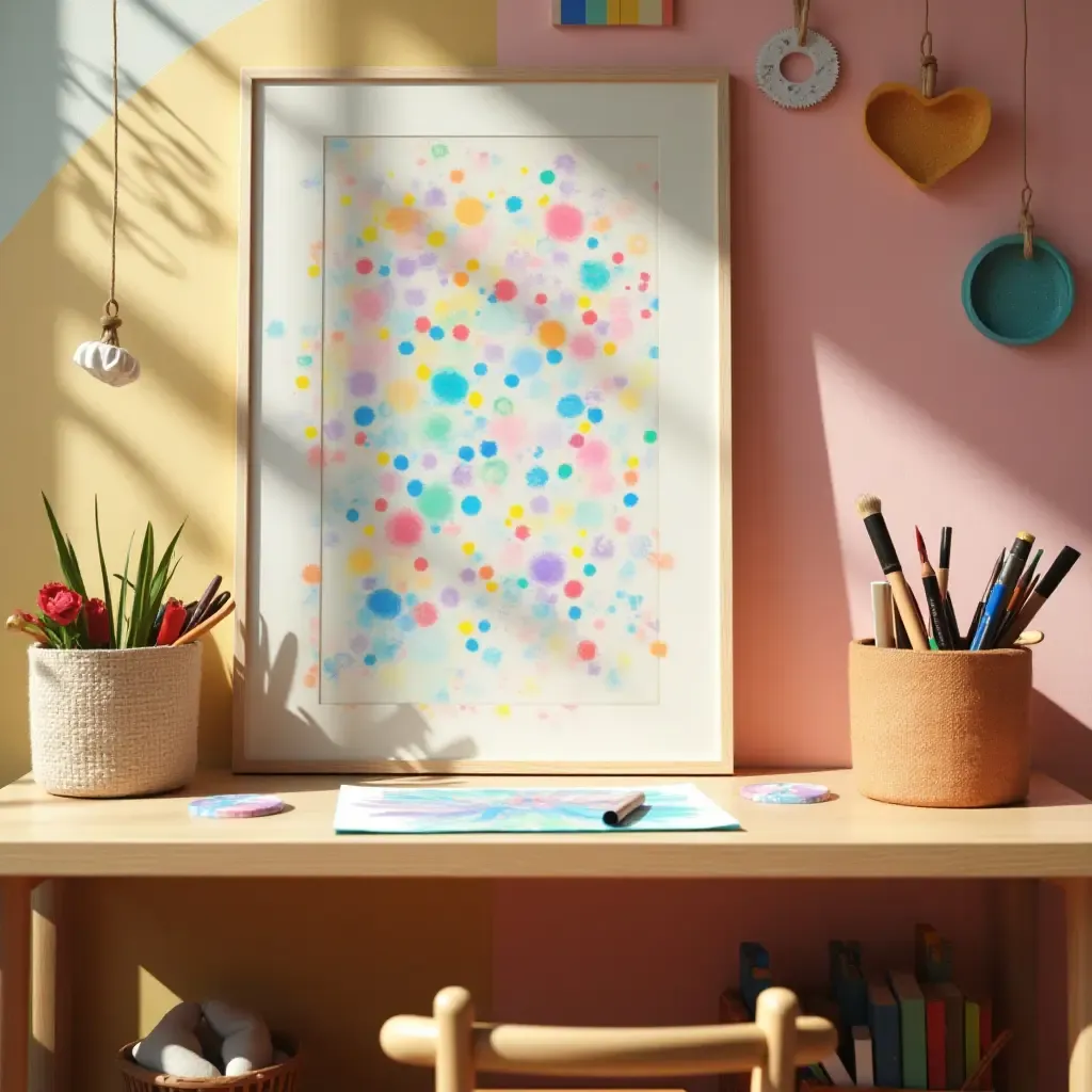 a photo of a colorful art station for kids