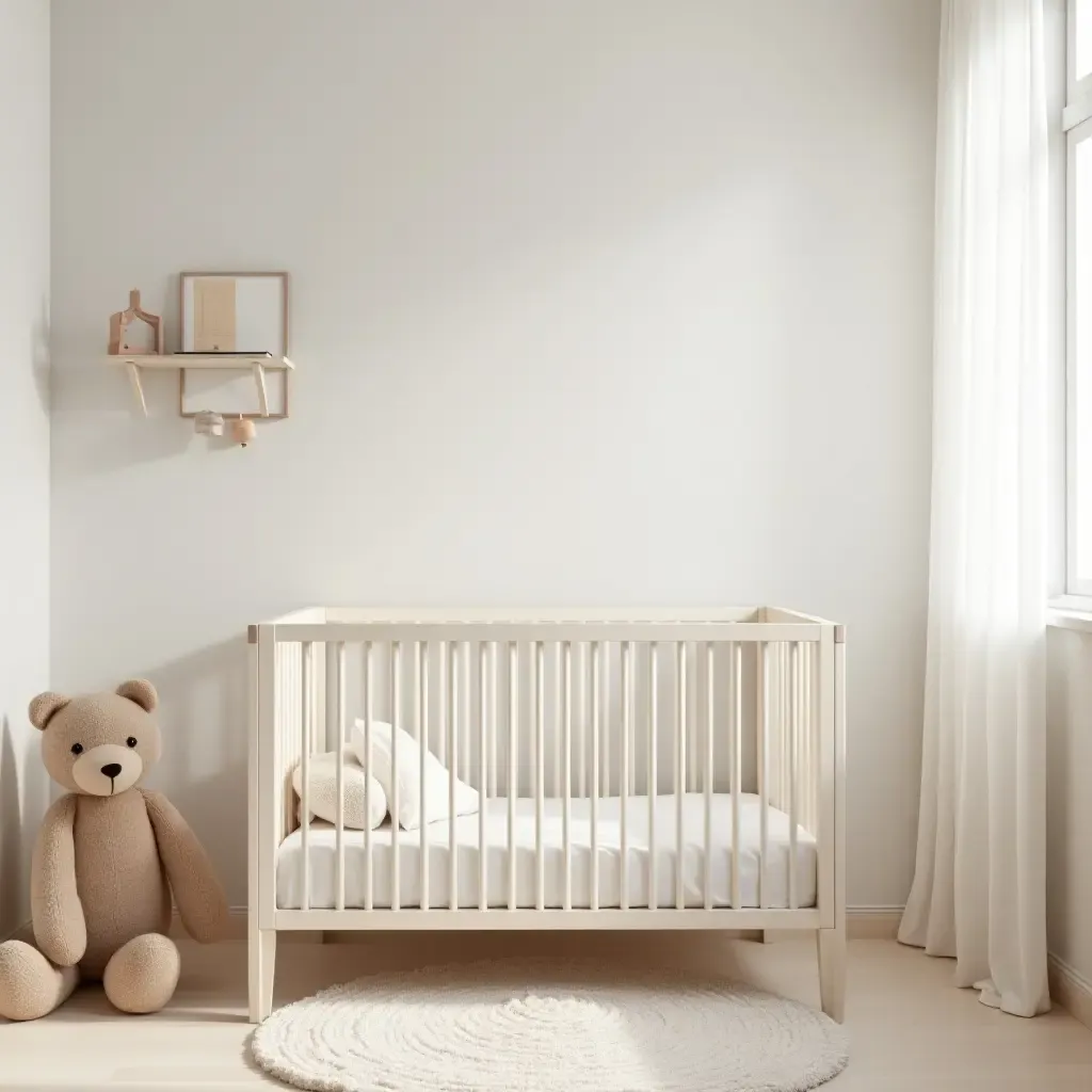 a photo of a minimalist crib surrounded by soft, neutral-toned decor