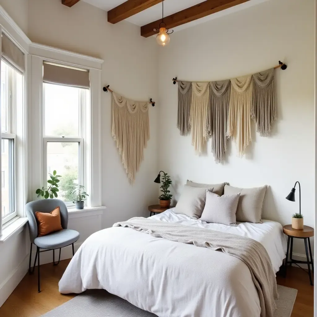 a photo of a creative kids&#x27; bedroom showcasing fabric wall hangings, wooden beams, and industrial metal touches