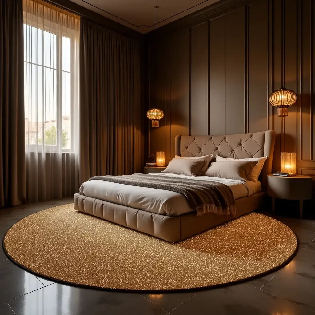 a photo of a dazzling metallic rug in a glamorous bedroom environment