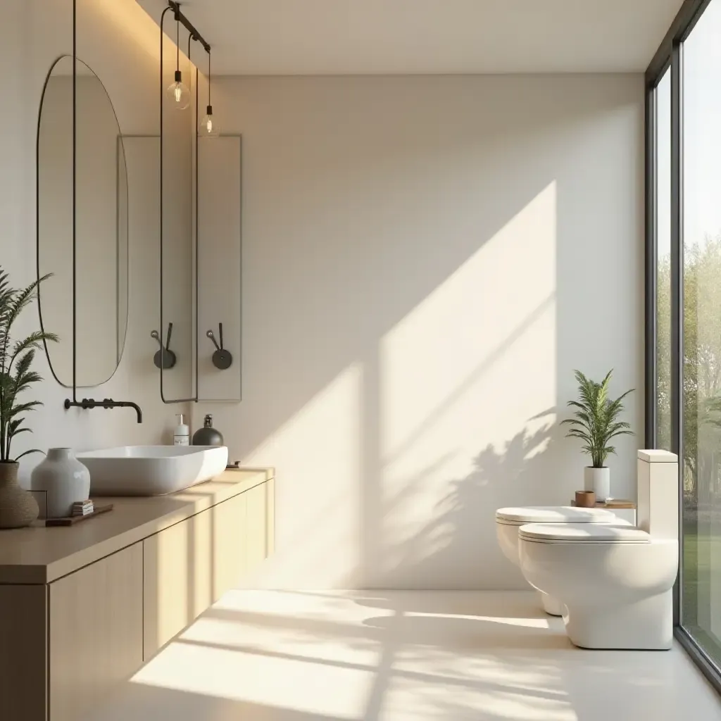 a photo of a calming bathroom featuring soft lighting and simple lines