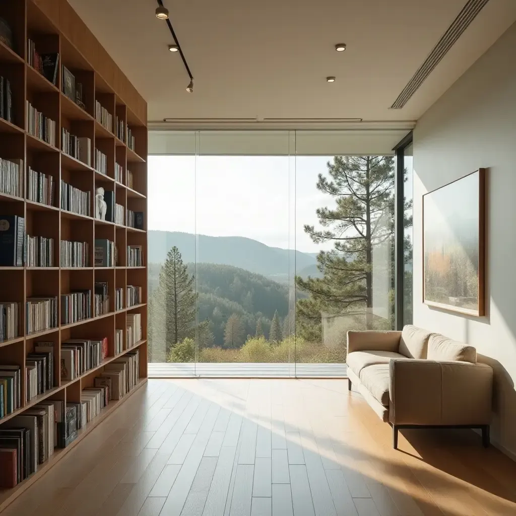 a photo of a minimalist library with large windows and a view of nature