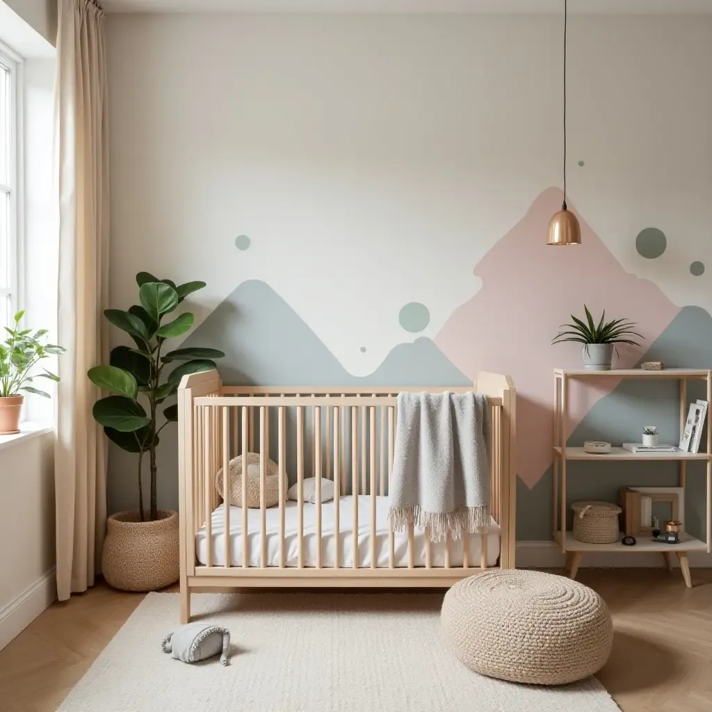 a photo of a nursery featuring a chic mural and decorative accents