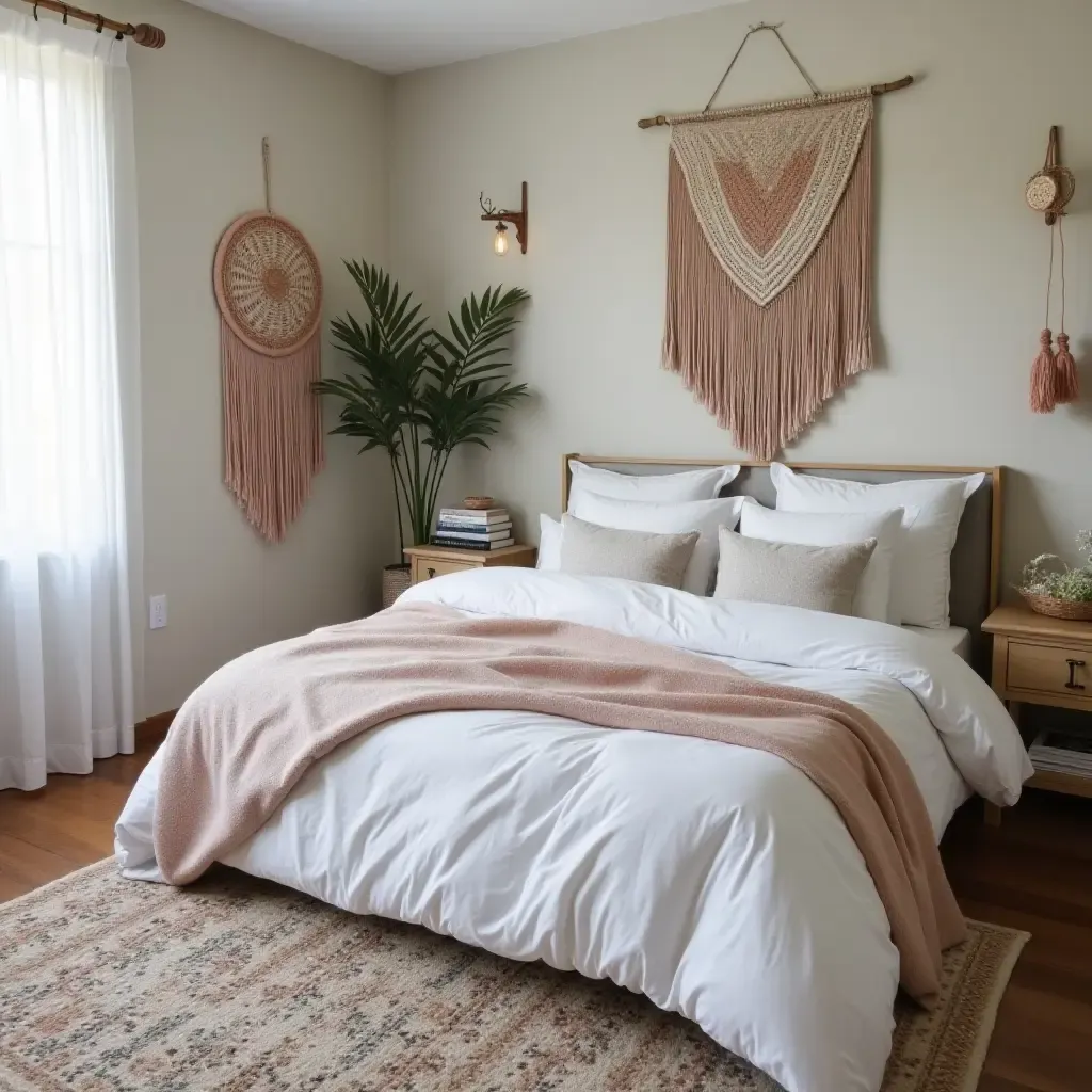 a photo of a bedroom showcasing a dreamcatcher and woven tapestries