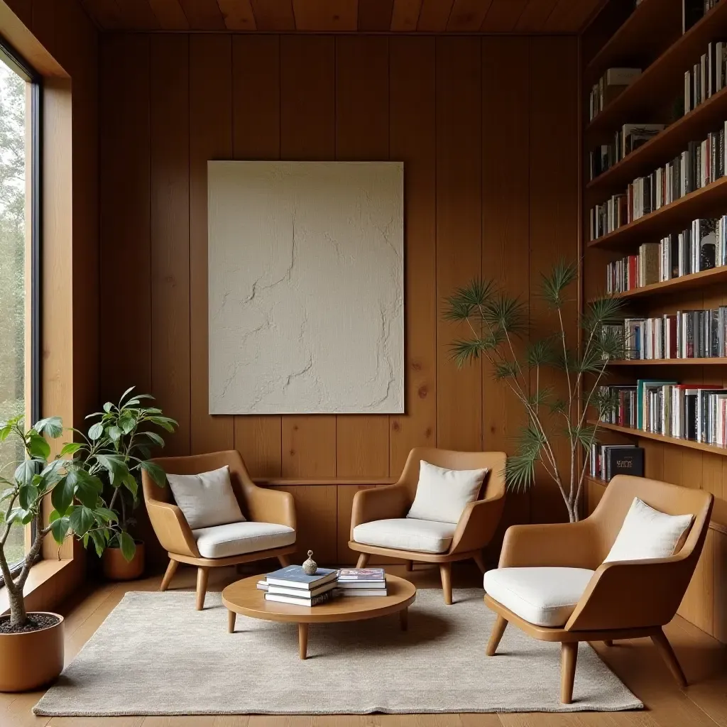 a photo of a serene library with textured fabric wall hangings and wood