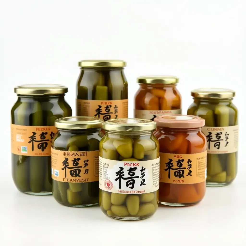 a photo of seven types of Japanese pickles displayed in glass jars with labels.