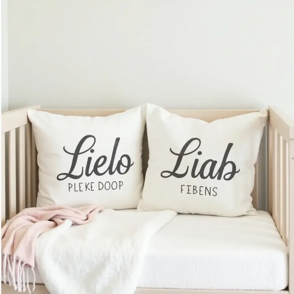 a photo of a nursery showcasing personalized throw pillows with baby’s name