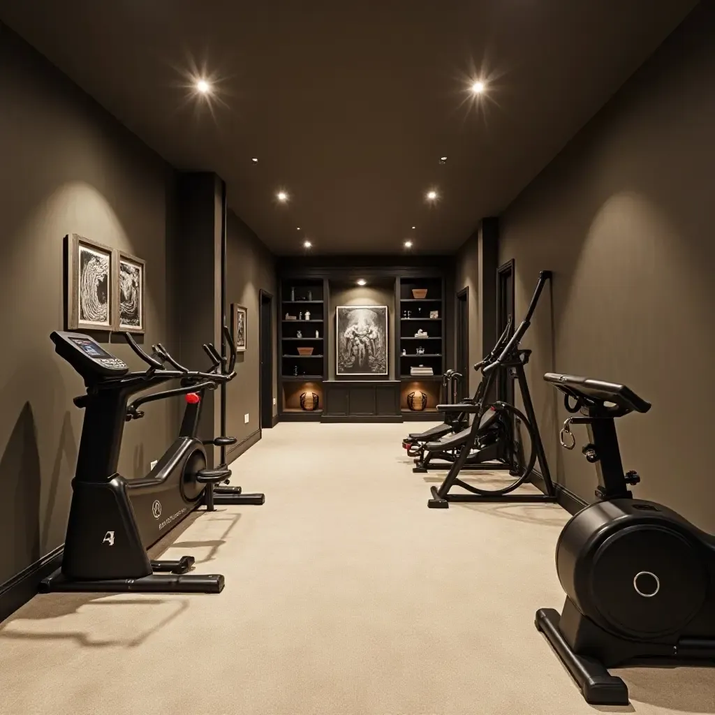 a photo of a multifunctional basement space with gym equipment