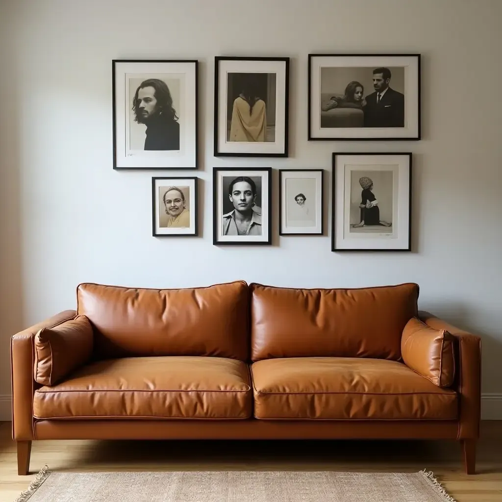 a photo of a cognac couch with a chic gallery wall behind it