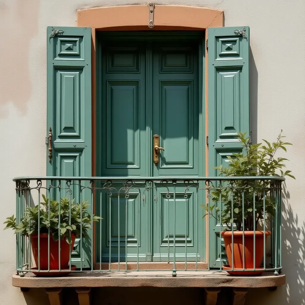 a photo of a vintage balcony featuring muted teal and rust accents