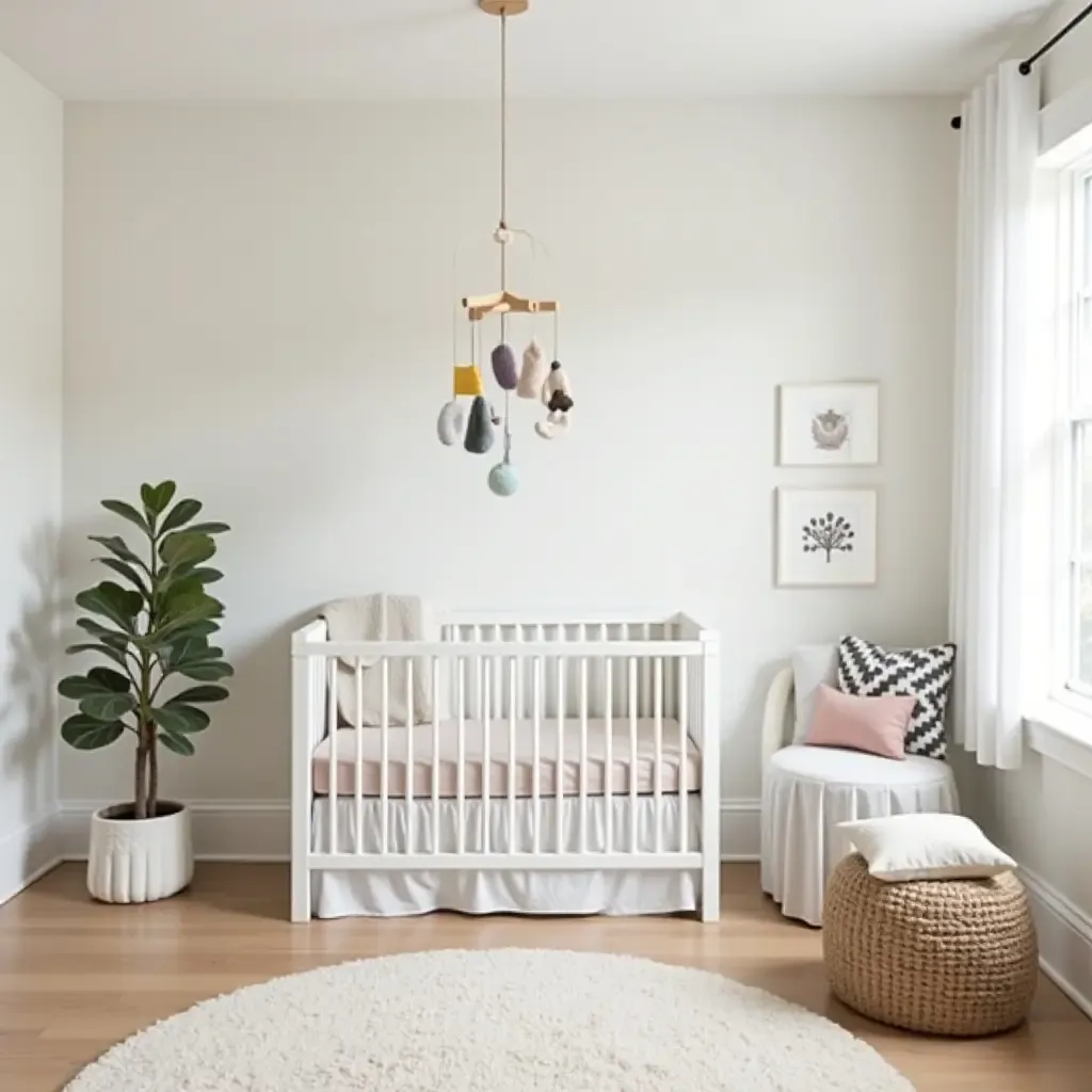 a photo of a nursery with a stylish mobile and organized toy storage