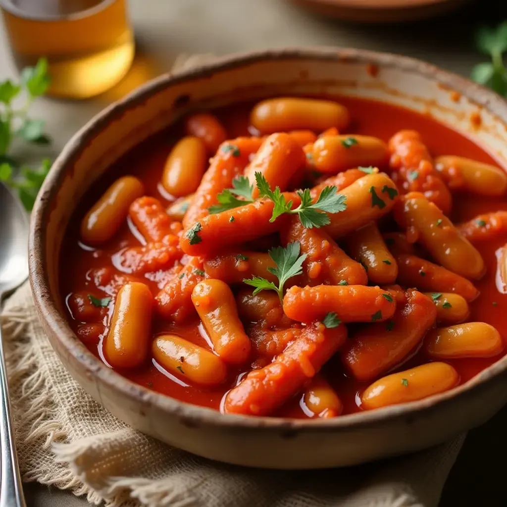 a photo of a traditional Greek gigantes plaki with giant beans in tomato sauce.