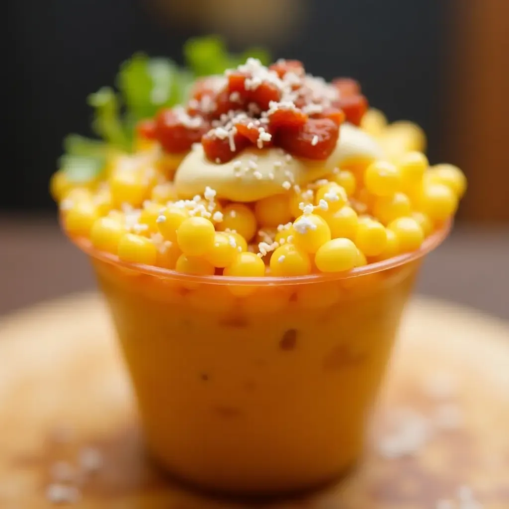 a photo of elote en vaso, Mexican corn in a cup, layered with mayo, cheese, and chili.