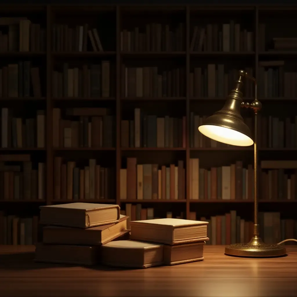 a photo of a library with wooden storage boxes and a reading lamp