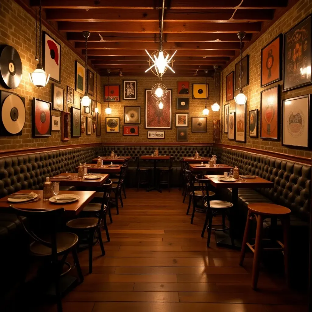 a photo of a basement music lounge with vintage records and whimsical decor