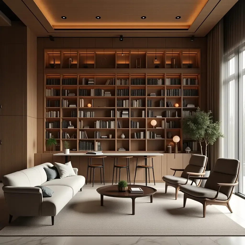 a photo of a modern library with a minimalist coffee bar and seating