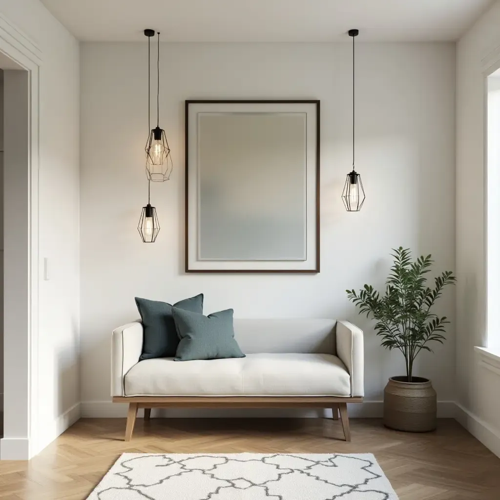 a photo of a modern entryway with a sleek bench and decorative lanterns