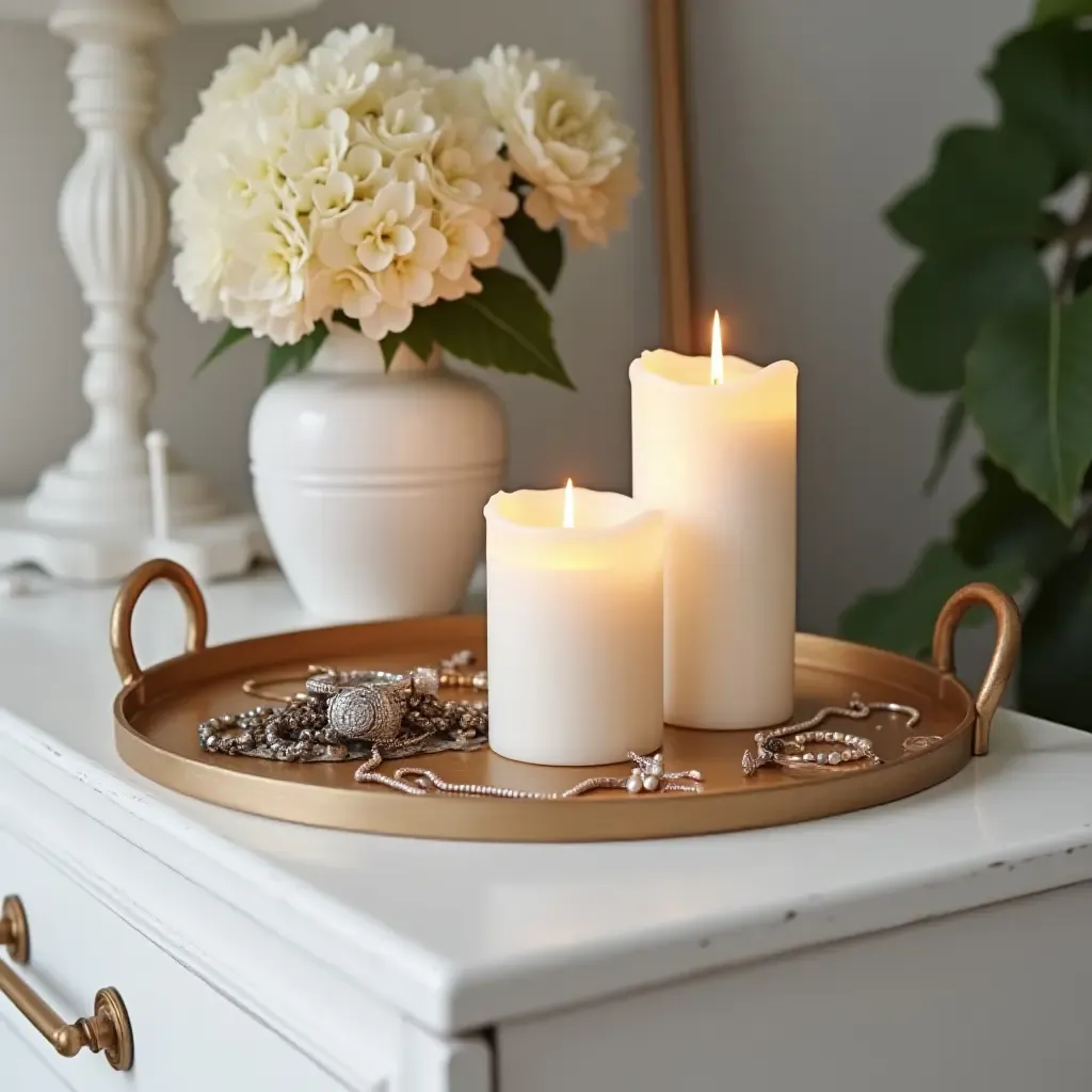 a photo of a decorative tray with candles and jewelry on a dresser