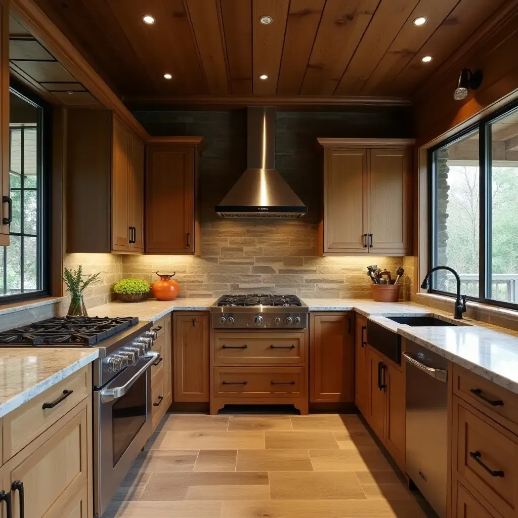 a photo of a rustic kitchen featuring wooden cabinets, stone countertops, and metal accents