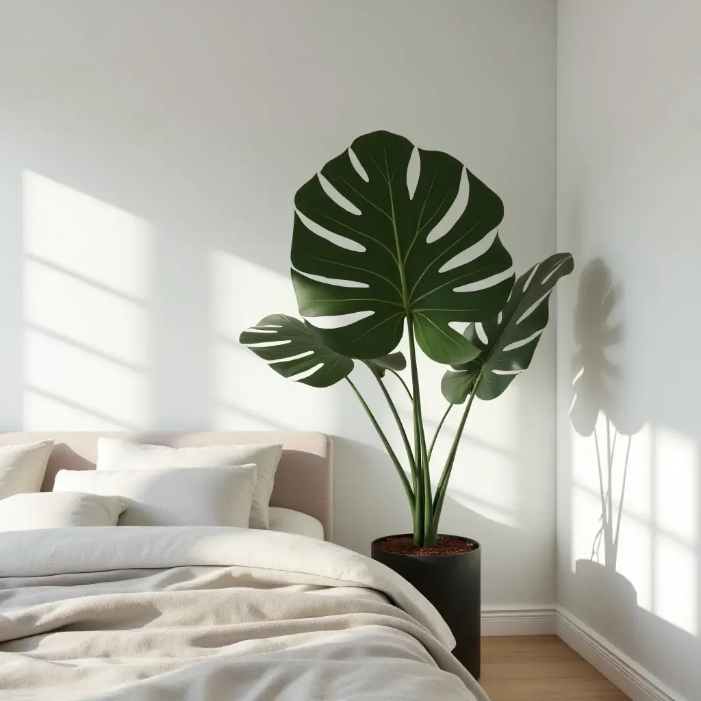 a photo of a minimalist bedroom featuring a large potted fiddle leaf fig