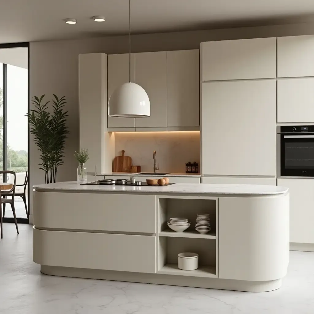 a photo of a stylish kitchen with a focus on geometric shapes and forms